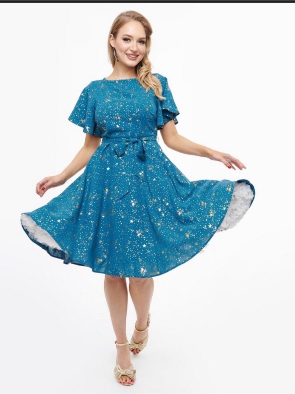 Unique vintage size Small (4): Teal Starry Fit-and-Flare Dress with Tie Waist